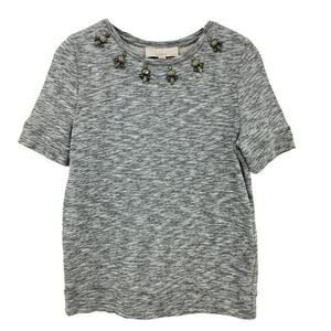 LOFT Knit Top Heathered Gray Shirt Jewel Embellishments Size S
